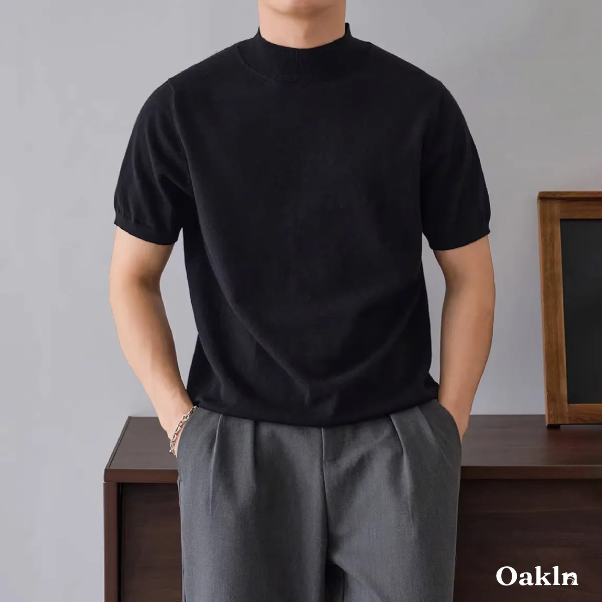 立体裁断   ビジネスカジュアル  ウール混モックネック半袖ニット