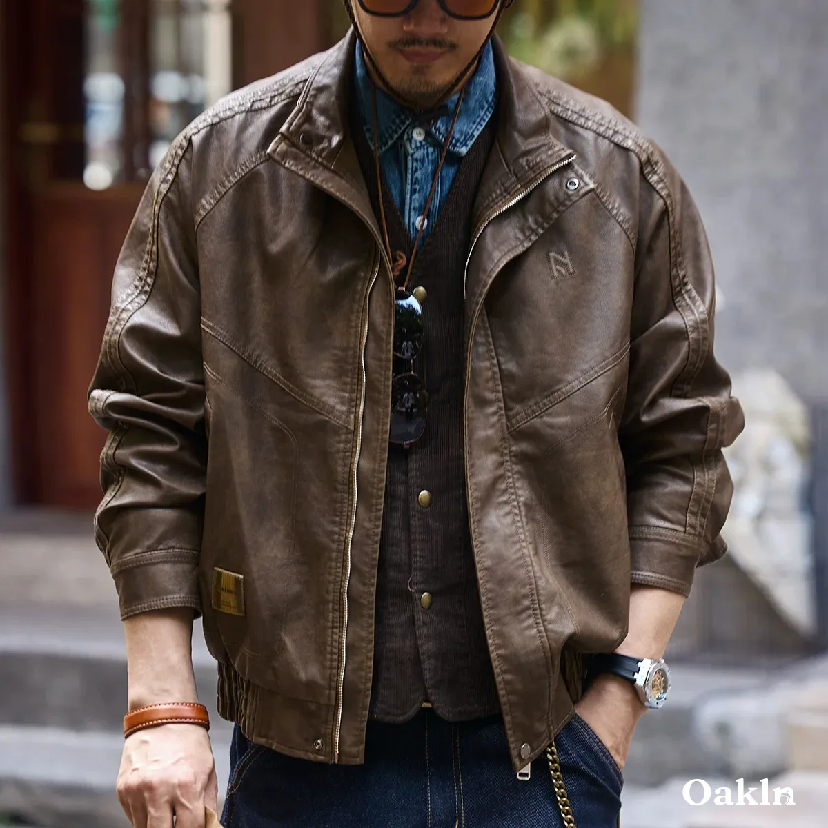 ヴィンテージ風 PUレザー スタンドカラー ジャケット ブルゾン｜ゴム裾 立ち襟 防風 -Oakln