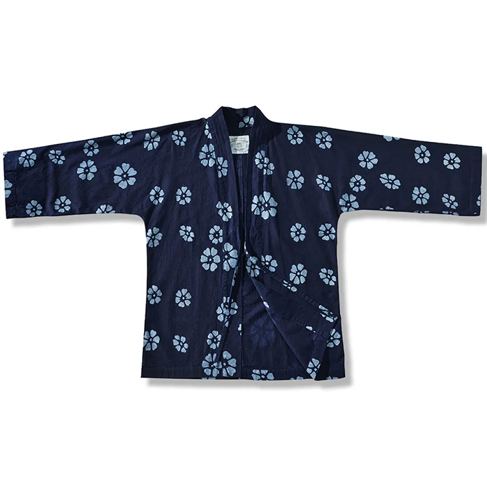 藍染めプリント柄付き半纏五分袖-oakln