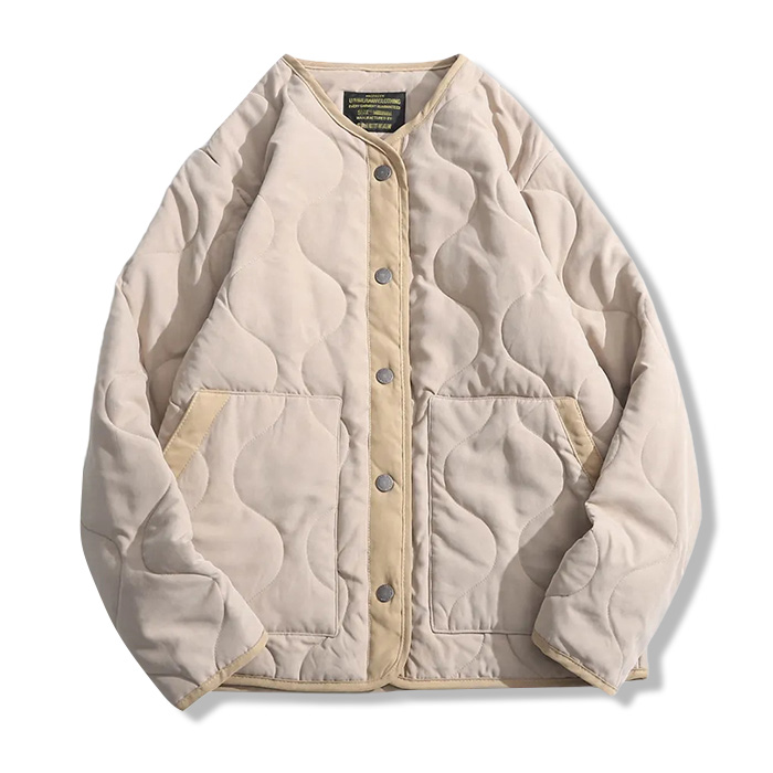 ピーチスキンノーカラー　中綿キルティングジャケット-oakln