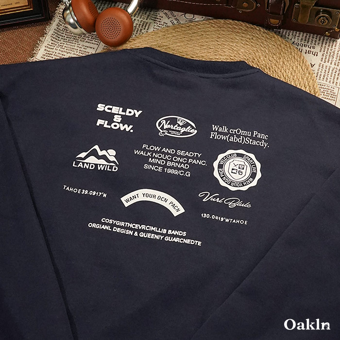 アメリカンヴィンテージ風 アウトドアプリント 配色切替 クルーネックスウェット-oakln