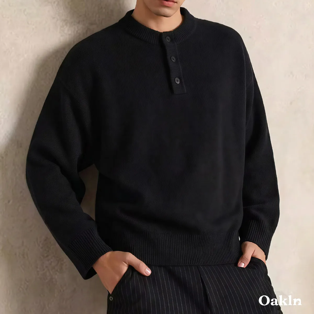 ウォッシャブル ヘンリーネック ニット セーター 柔らい肌触り 洗濯機洗い可能-Oakln