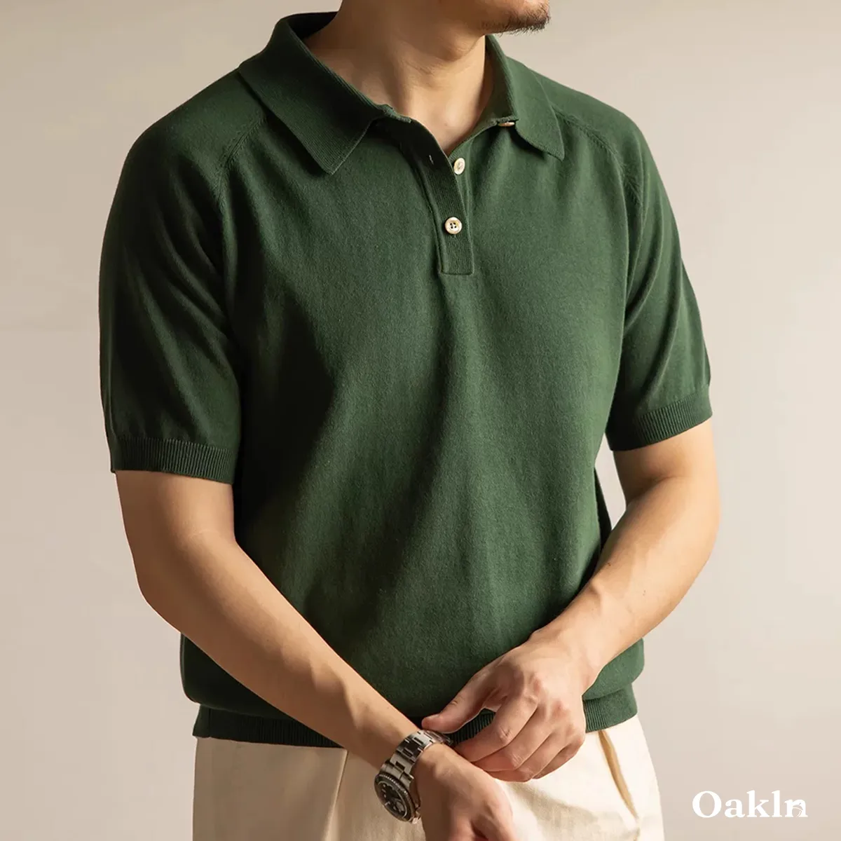 アイロン不要 レトロニットポロシャツ ラグランスリーブ さらりと快適で肌にまとわりつかない-Oakln