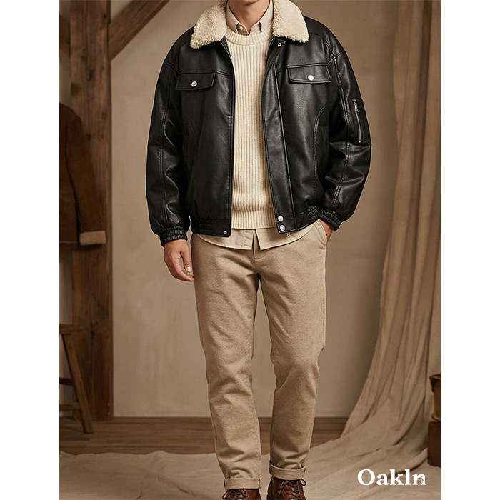 ボア折り襟　クラシックアームポケット付き中綿レザージャケット