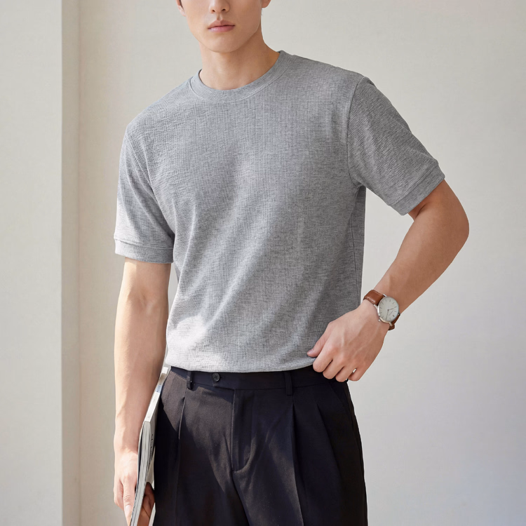 リヨセル半袖Tシャツ メンズ 初秋ジャケットインナー クルーネックニット リブ裾 帯電しにくい きれいな落ち感 通気性