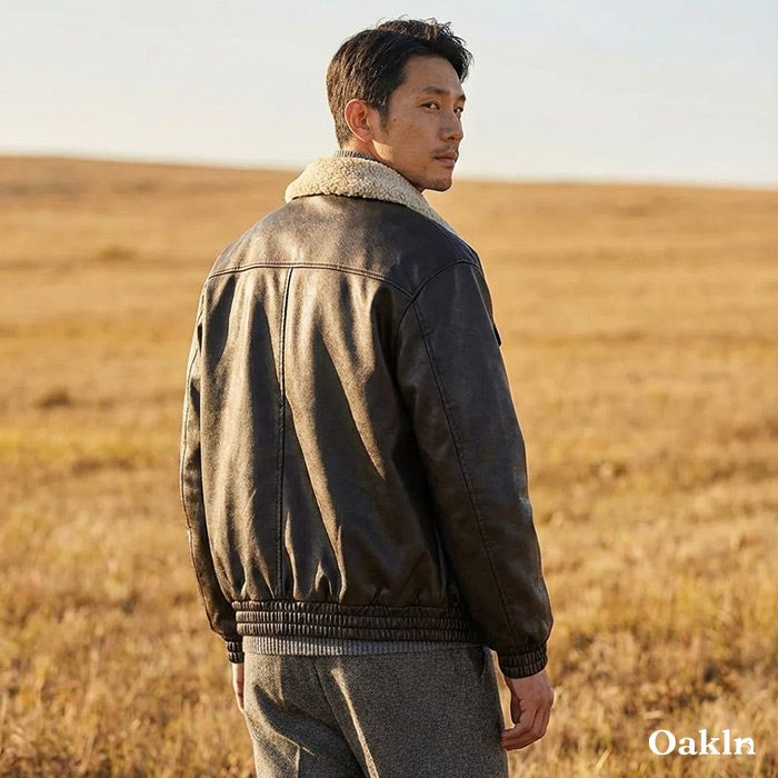 ボア折り襟　クラシックアームポケット付き中綿レザージャケット