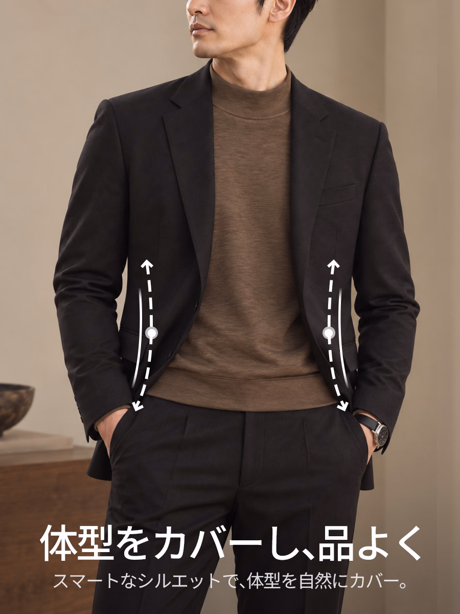 カシミヤタッチのやわらかな風合いで、体になじみながらすっきり見せる。