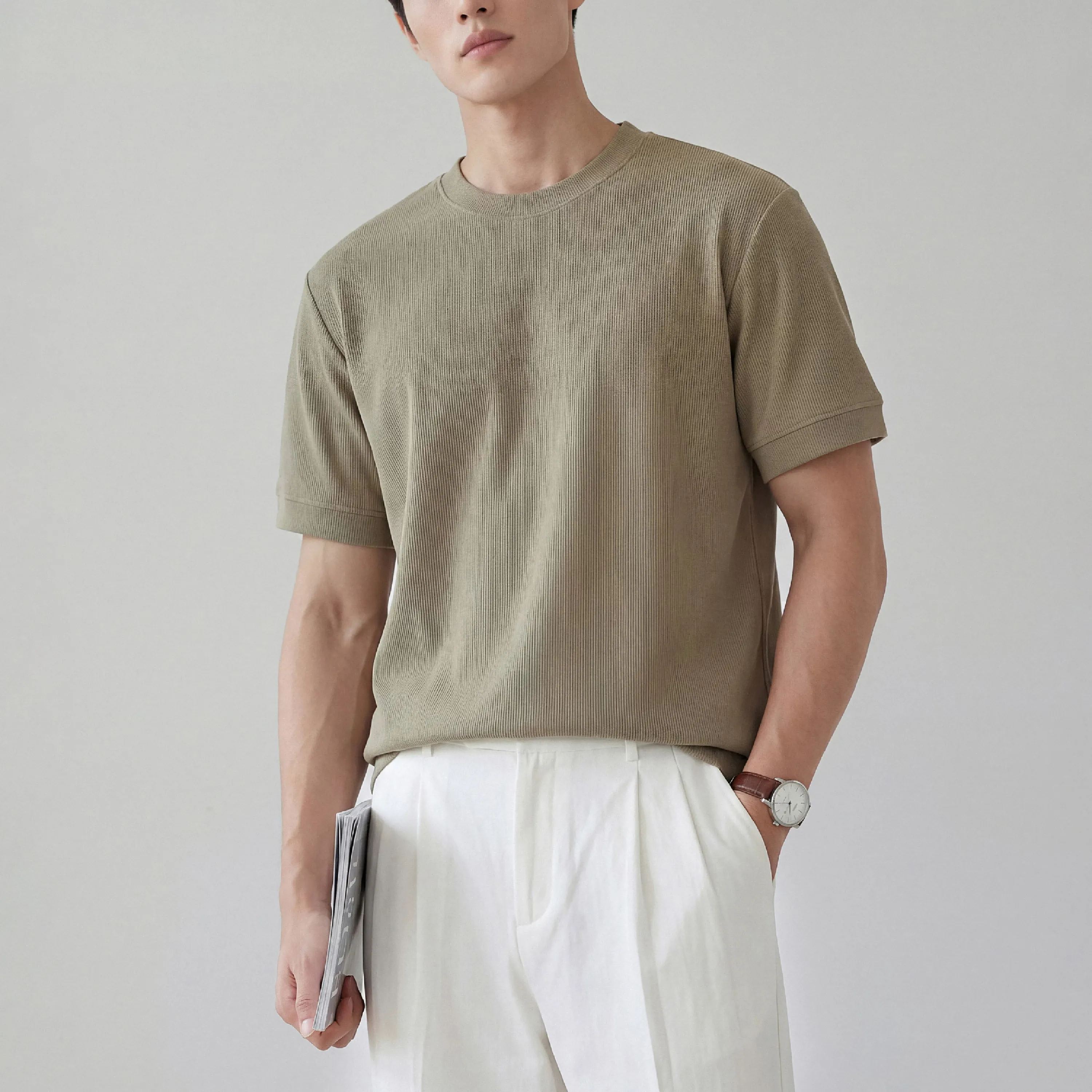リヨセル半袖Tシャツ メンズ 初秋ジャケットインナー クルーネックニット リブ裾 帯電しにくい きれいな落ち感 通気性