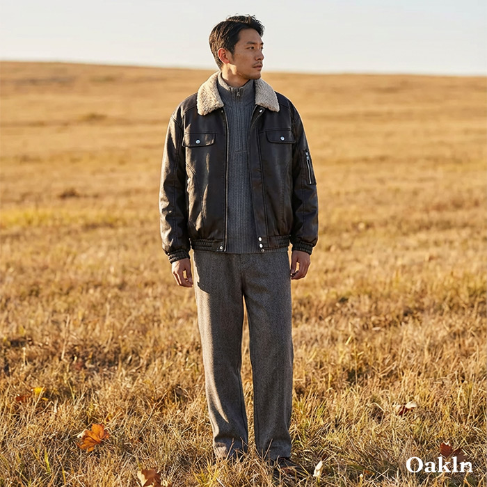 ボア折り襟　クラシックアームポケット付き中綿レザージャケット