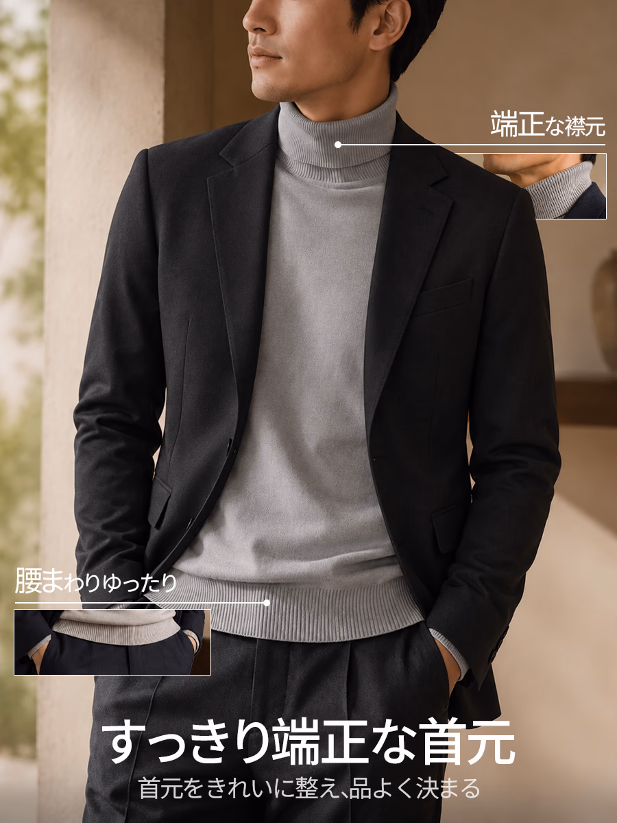 高密度のダブルリブハイネックで、首元を暖かく包み、端正な印象に。