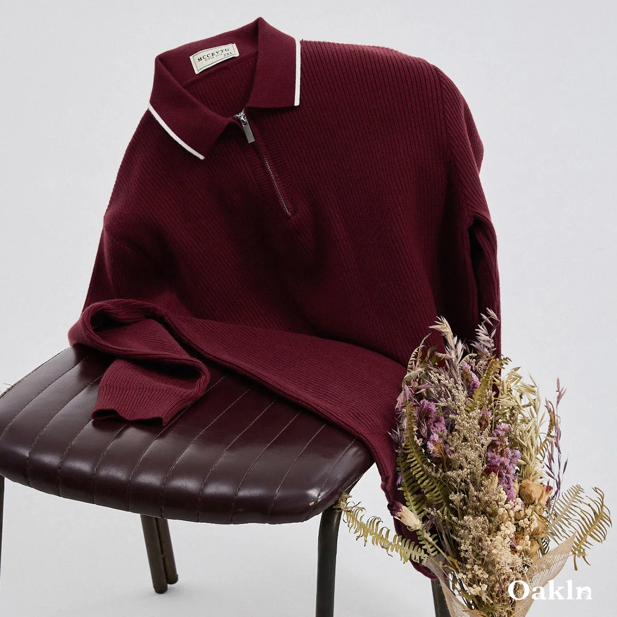  ウォッシャブルハーフジップニット 配色襟元 縦リブ-Oakln