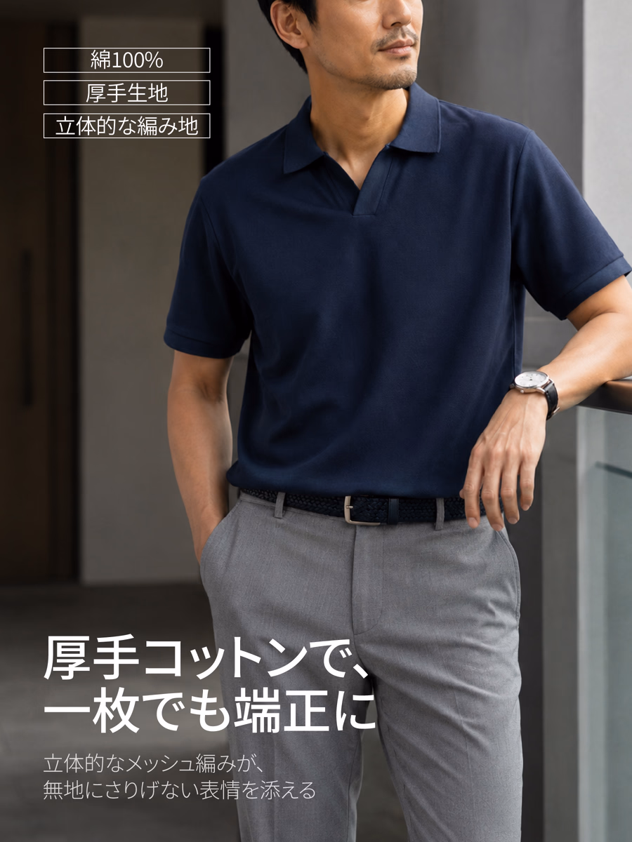 厚手のコットン鹿の子で、一枚でもすっきり決まる。