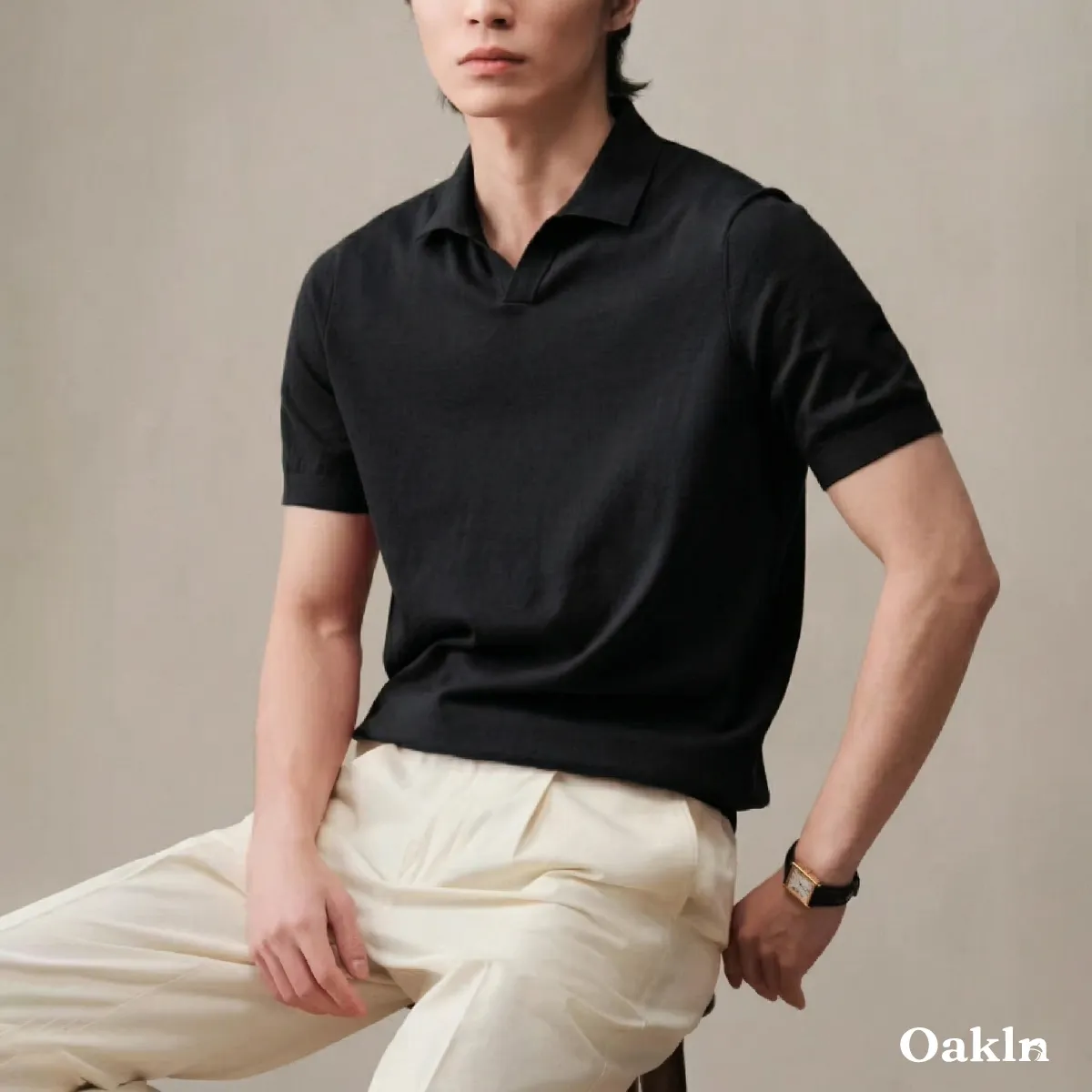 裾リブニットポロシャツ ハリのある襟元 すっきり見えシルエット