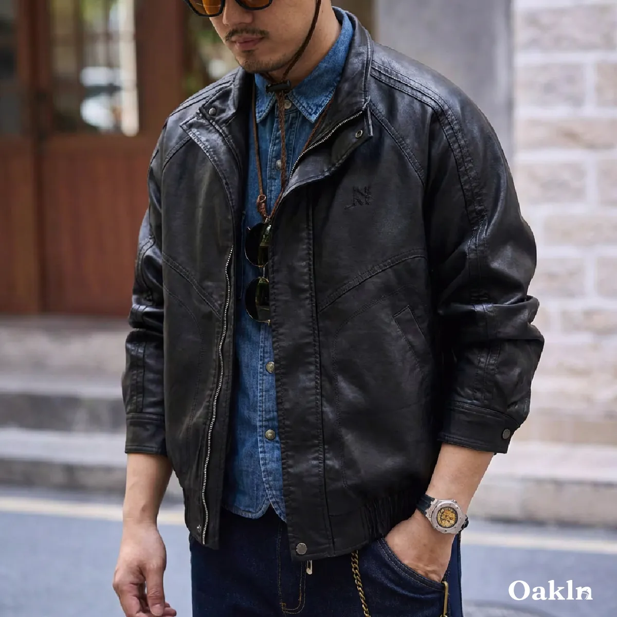 ヴィンテージ風 PUレザー スタンドカラー ジャケット ブルゾン｜ゴム裾 立ち襟 防風 -Oakln