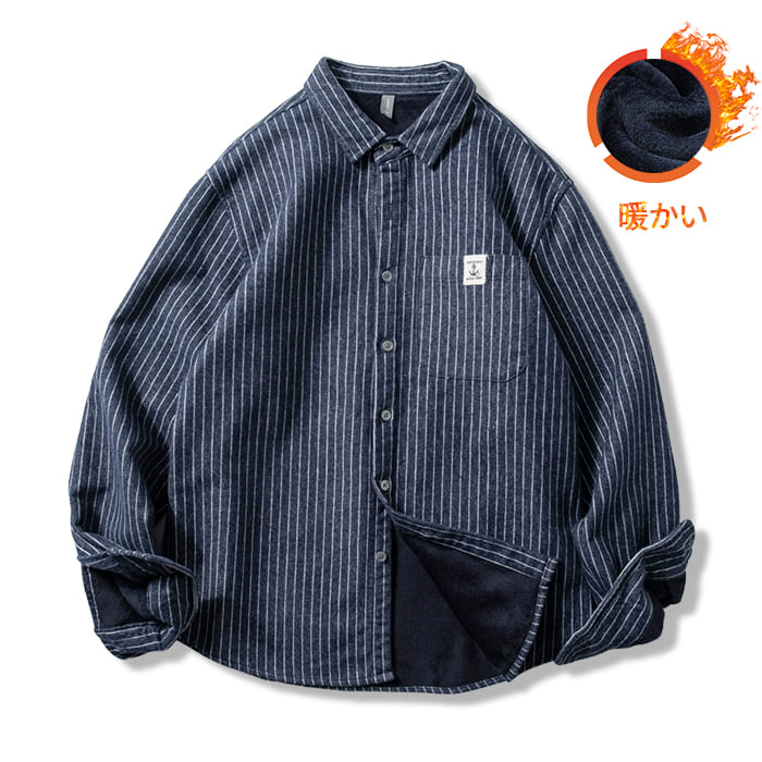 厚手起毛　ストライプカジュアルシャツ（裏起毛）