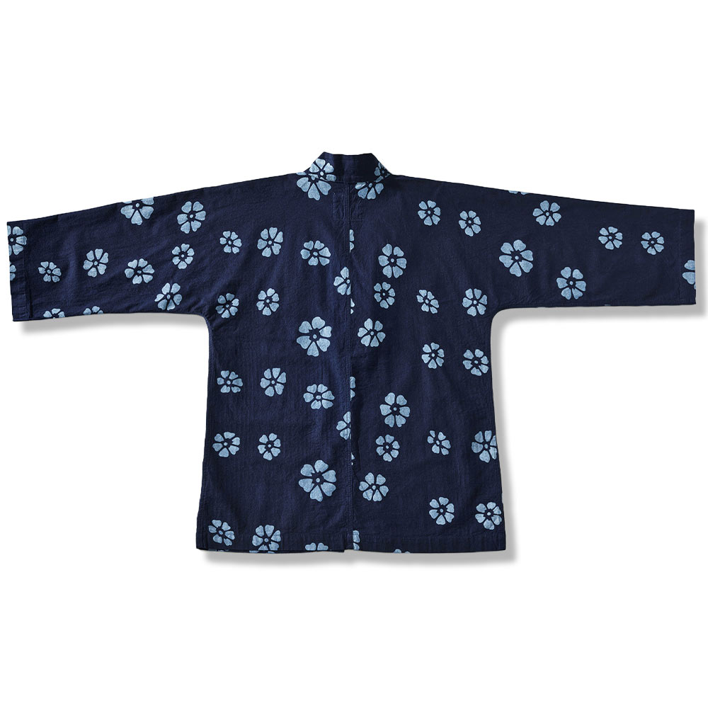 藍染めプリント柄付き半纏五分袖-oakln