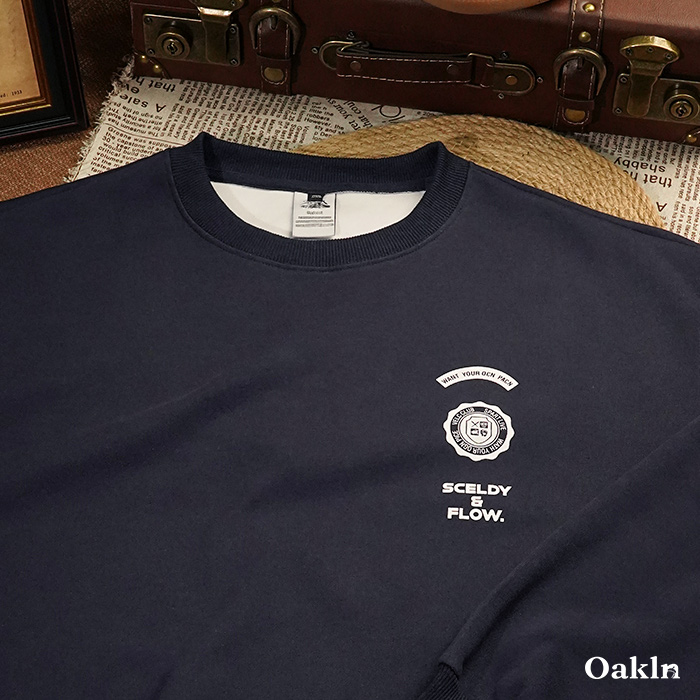 アメリカンヴィンテージ風 アウトドアプリント 配色切替 クルーネックスウェット-oakln