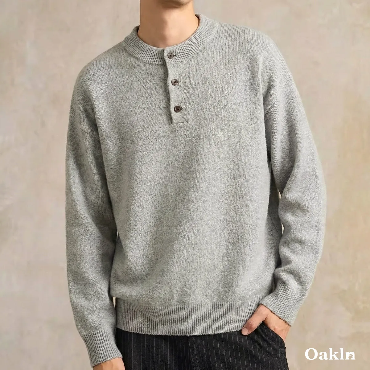 ウォッシャブル ヘンリーネック ニット セーター 柔らい肌触り 洗濯機洗い可能-Oakln