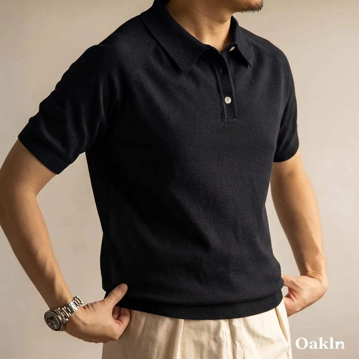 アイロン不要 レトロニットポロシャツ ラグランスリーブ さらりと快適で肌にまとわりつかない-Oakln