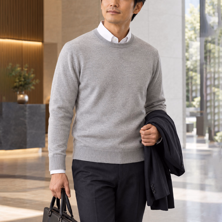 【静電気防止加工】メンズ クルーネックニット モダール・ウール混 14ゲージ シワになりにくい 洗濯機洗い可 長袖トップス