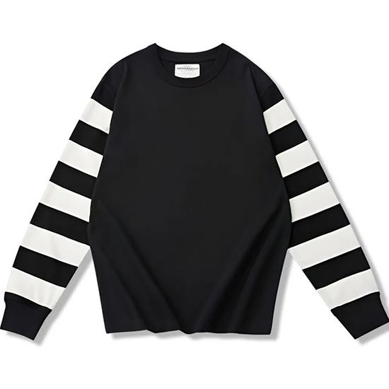 袖切り替えヘビーウェイトバイカー風ボーダー長袖Tシャツ-oakln