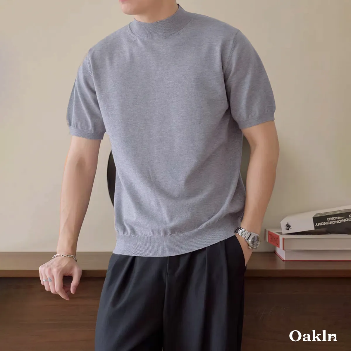 立体裁断   ビジネスカジュアル  ウール混モックネック半袖ニット