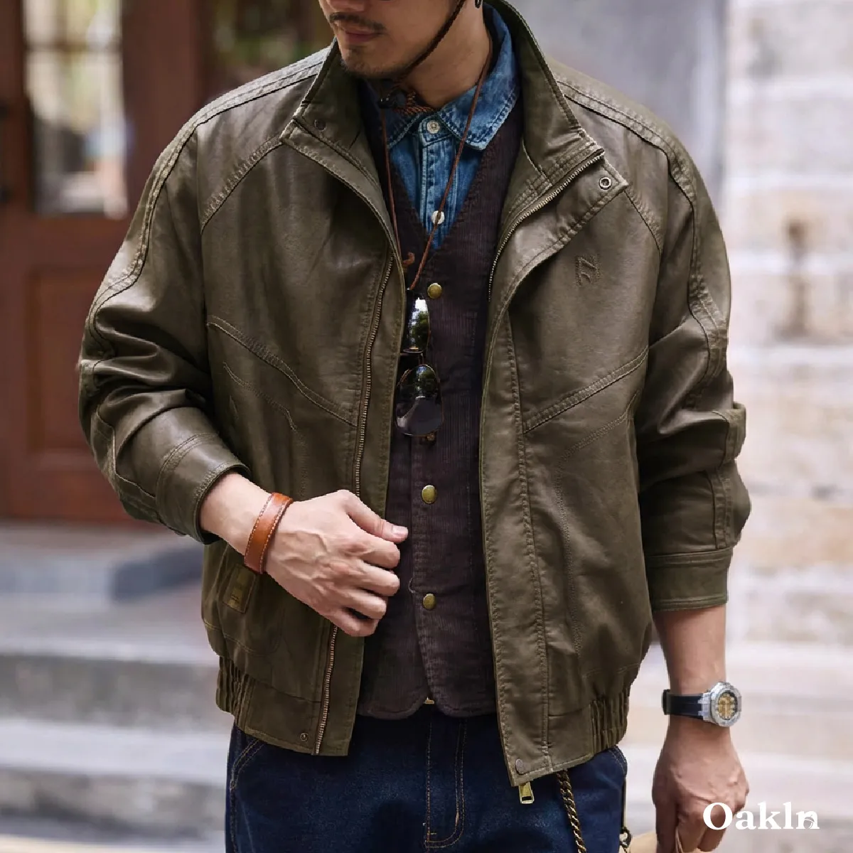 ヴィンテージ風 PUレザー スタンドカラー ジャケット ブルゾン｜ゴム裾 立ち襟 防風 -Oakln