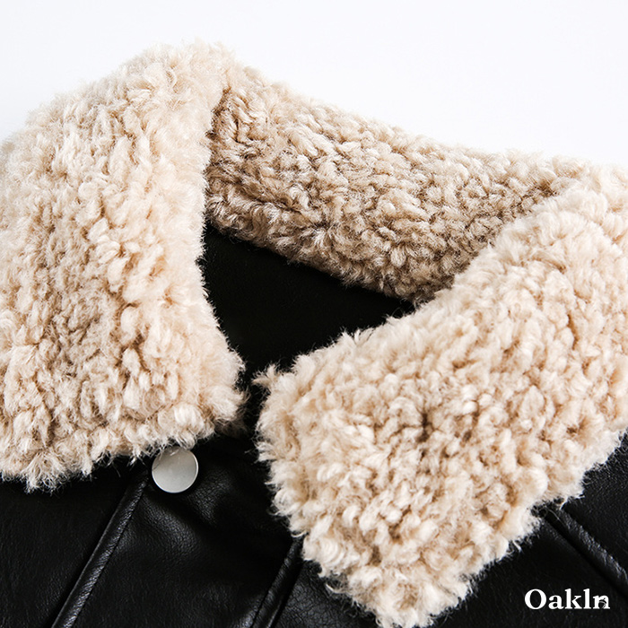 ボア折り襟　クラシックアームポケット付き中綿レザージャケット-oakln