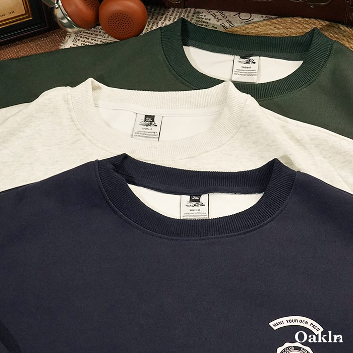 アメリカンヴィンテージ風 アウトドアプリント 配色切替 クルーネックスウェット-oakln