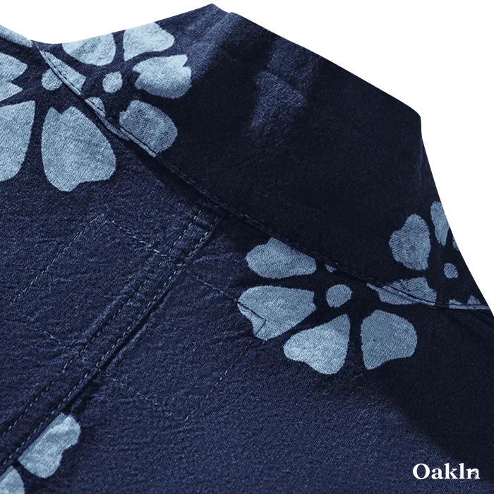 藍染めプリント柄付き半纏五分袖