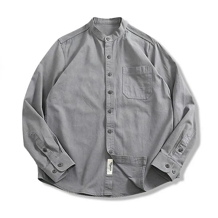 多色展開　スタンドカラーコットン長袖シャツ