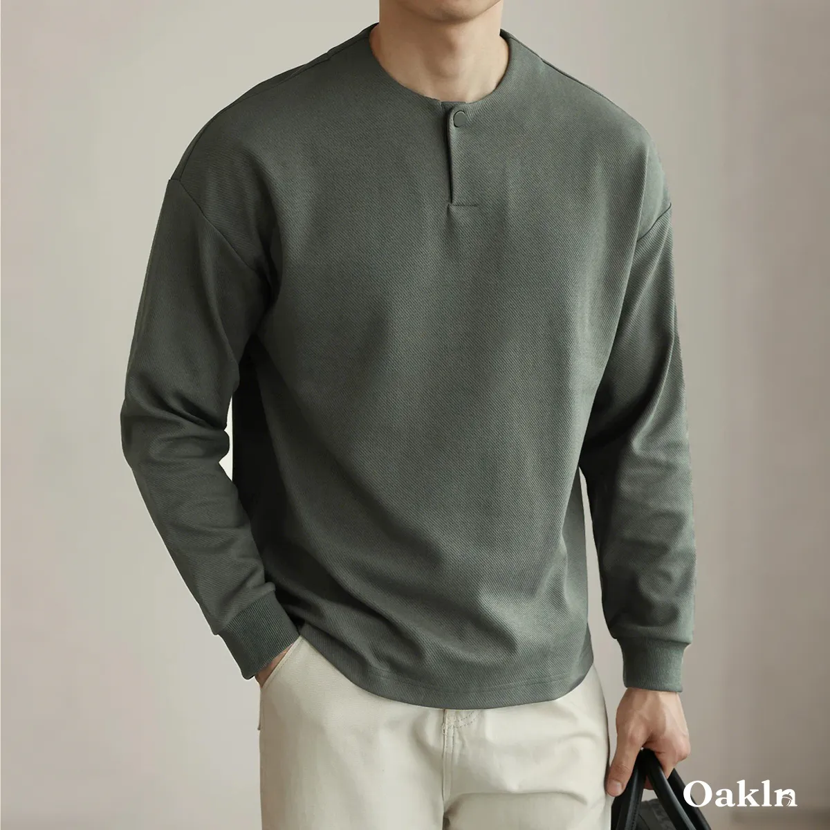 ヘンリーネック長袖Tシャツ 厚手仕様 ツイル コットン混 ドロップショルダー-Oakln