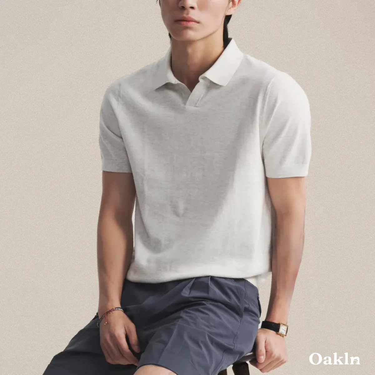 裾リブニットポロシャツ ハリのある襟元 すっきり見えシルエット