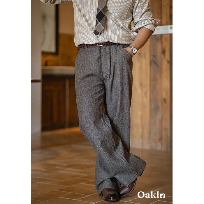 ヴィンテージカジュアル　 ヘリンボーン柄ウールスラックス-oakln