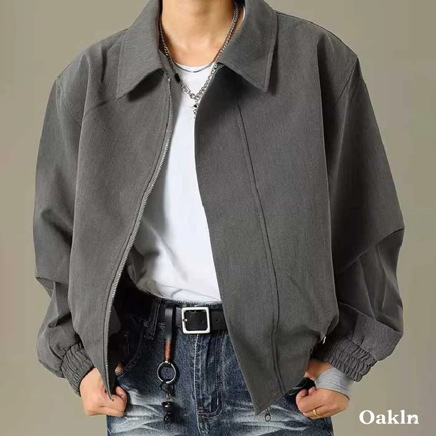 スウィングトップ メンズ 比翼仕立て／隠し前立て 折り襟 ジャケット  ツイル風 きれいめ 落ち着いた印象 無地 裾ゴム ショート丈 春秋 ビジネスカジュアル兼用