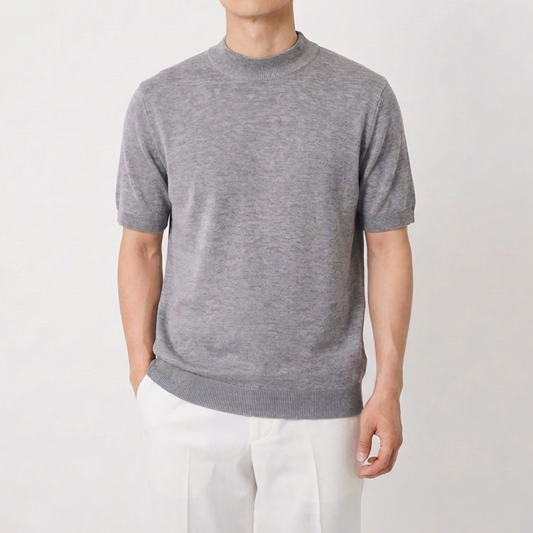 Oakln-メンズ 軽量モックネック半袖ニットTシャツ｜寒暖差のある季節に着回しやすい｜一枚でもすっきり、ジャケットのインナーにももたつきにくい