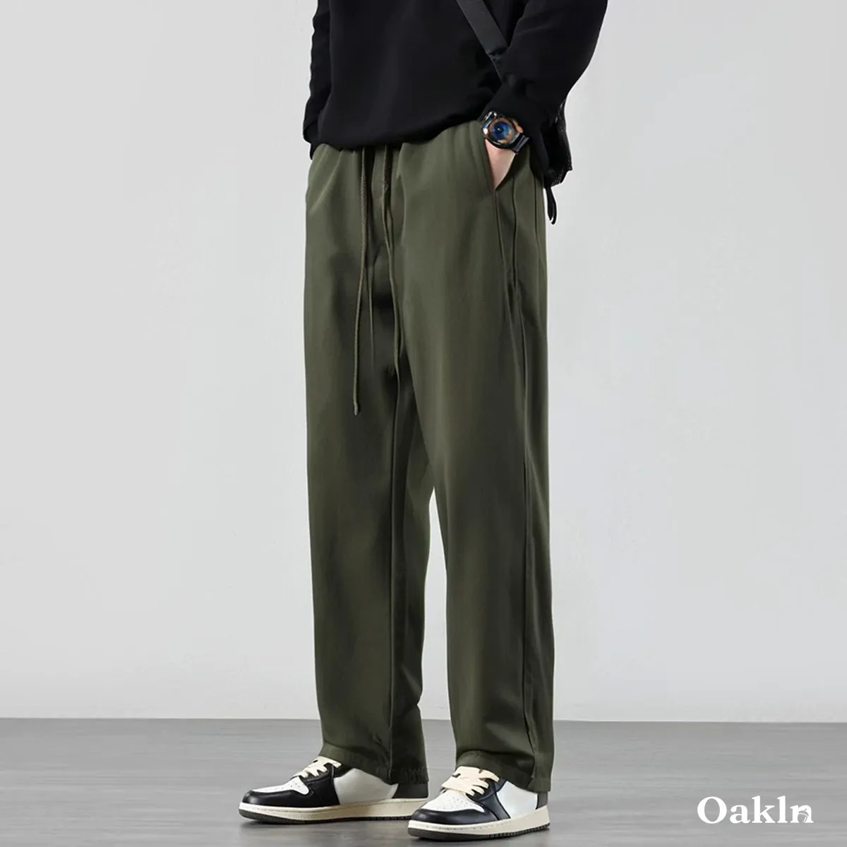 コットンツイル カジュアルパンツ 100％コットン ウエストゴム ワイドシルエット 春秋