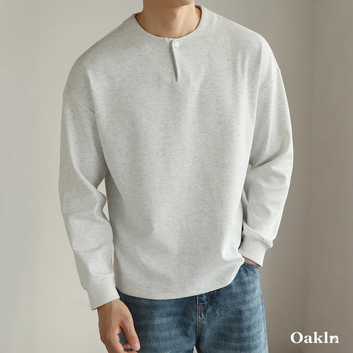 ヘンリーネック長袖Tシャツ 厚手仕様 ツイル コットン混 ドロップショルダー-Oakln