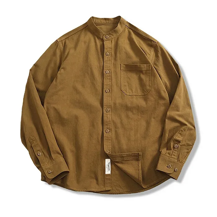 多色展開　スタンドカラーコットン長袖シャツ