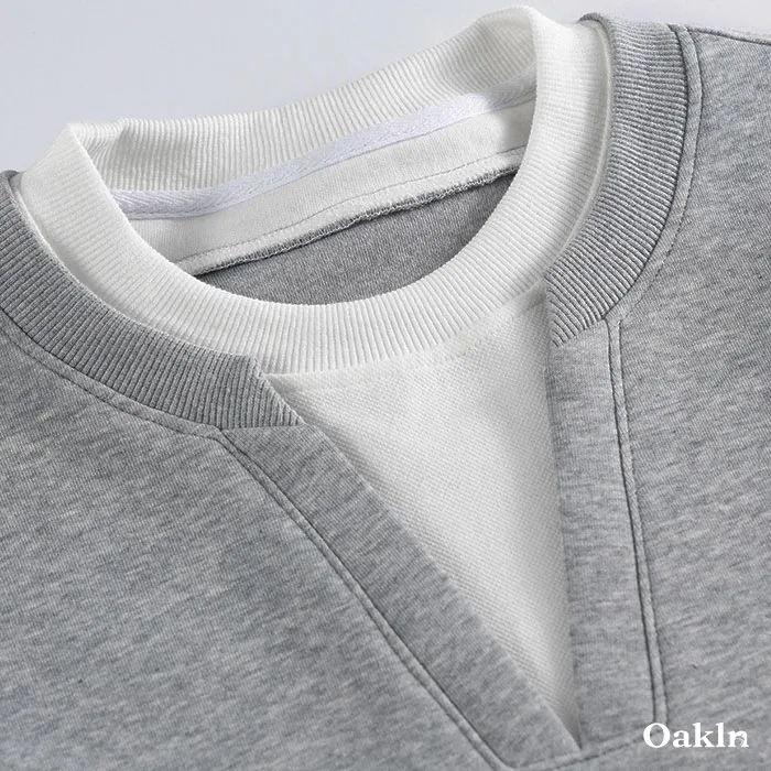 フェイクレイヤード スウェット メンズ Vネック キーネック 重ね着風 ゆったり 体型カバー シワになりにくい 春秋冬-Oakln