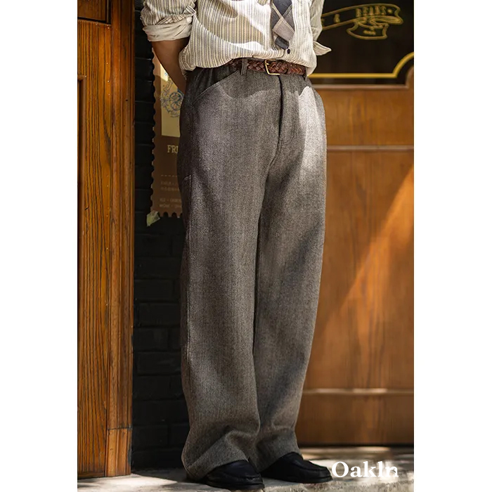 ヴィンテージカジュアル　 ヘリンボーン柄ウールスラックス-oakln
