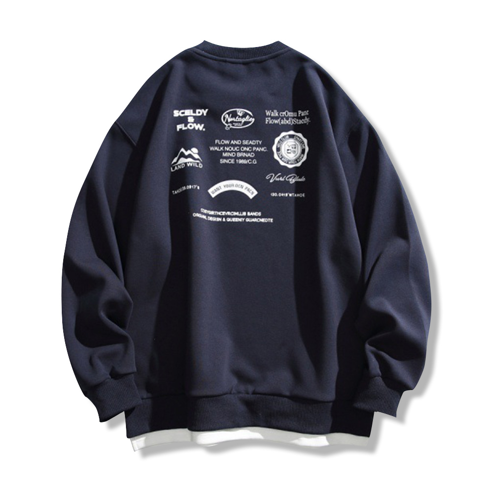 アメリカンヴィンテージ風 アウトドアプリント 配色切替 クルーネックスウェット-oakln