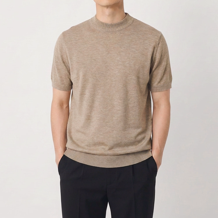 Oakln-メンズ 軽量モックネック半袖ニットTシャツ｜寒暖差のある季節に着回しやすい｜一枚でもすっきり、ジャケットのインナーにももたつきにくい