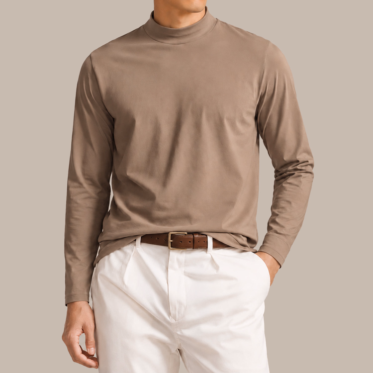 コーマコットン 超長綿 モックネック長袖Tシャツ ほのかな上品な光沢 静電気を抑えてお手入れも簡単 秋冬の一枚着・重ね着・インナーに活躍