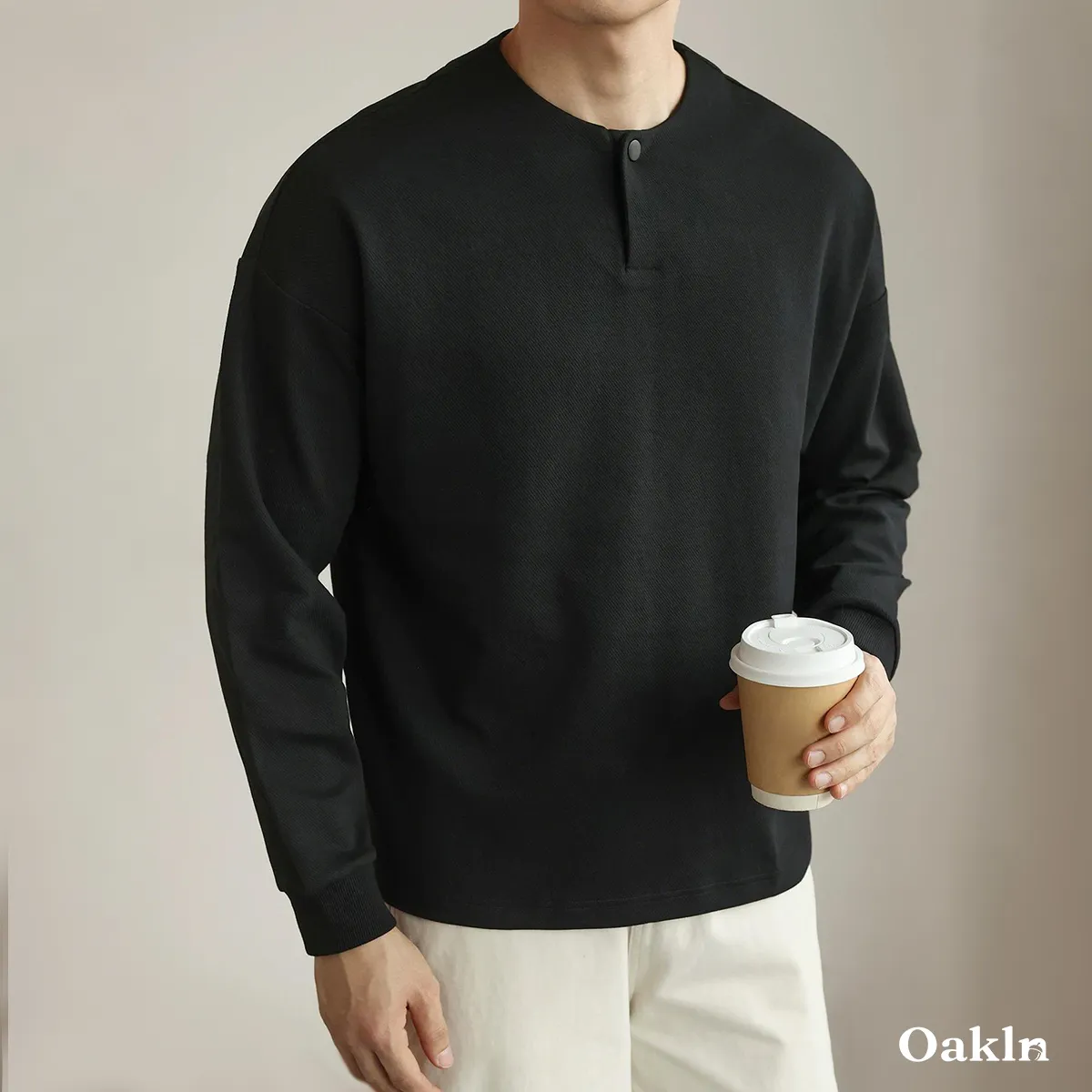 ヘンリーネック長袖Tシャツ 厚手仕様 ツイル コットン混 ドロップショルダー-Oakln