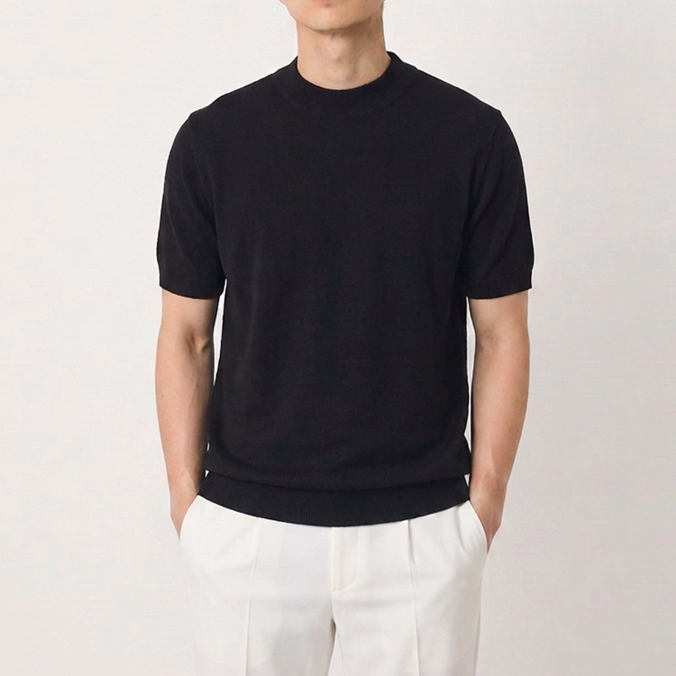 Oakln-メンズ 軽量モックネック半袖ニットTシャツ｜寒暖差のある季節に着回しやすい｜一枚でもすっきり、ジャケットのインナーにももたつきにくい