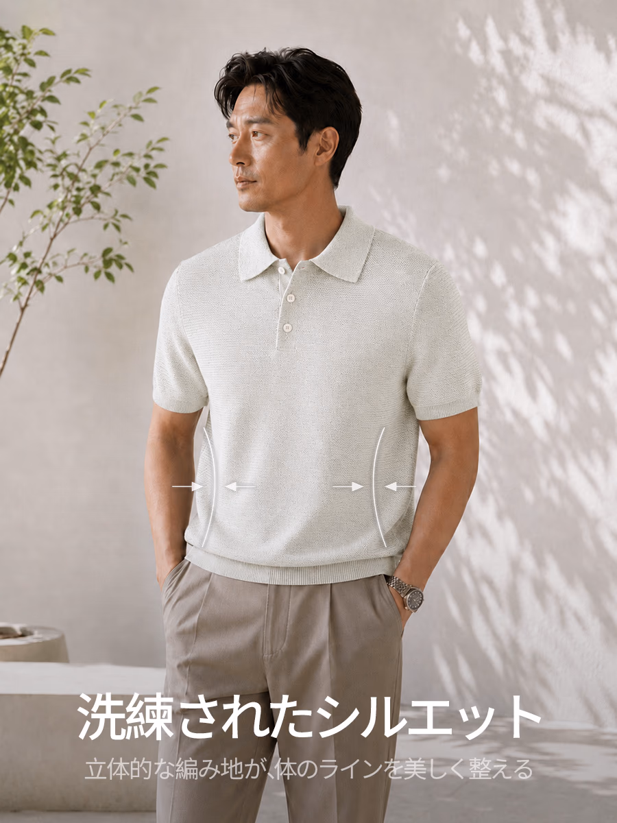 立体感のあるニット構造が、胸元やお腹まわりをすっきり見せる。