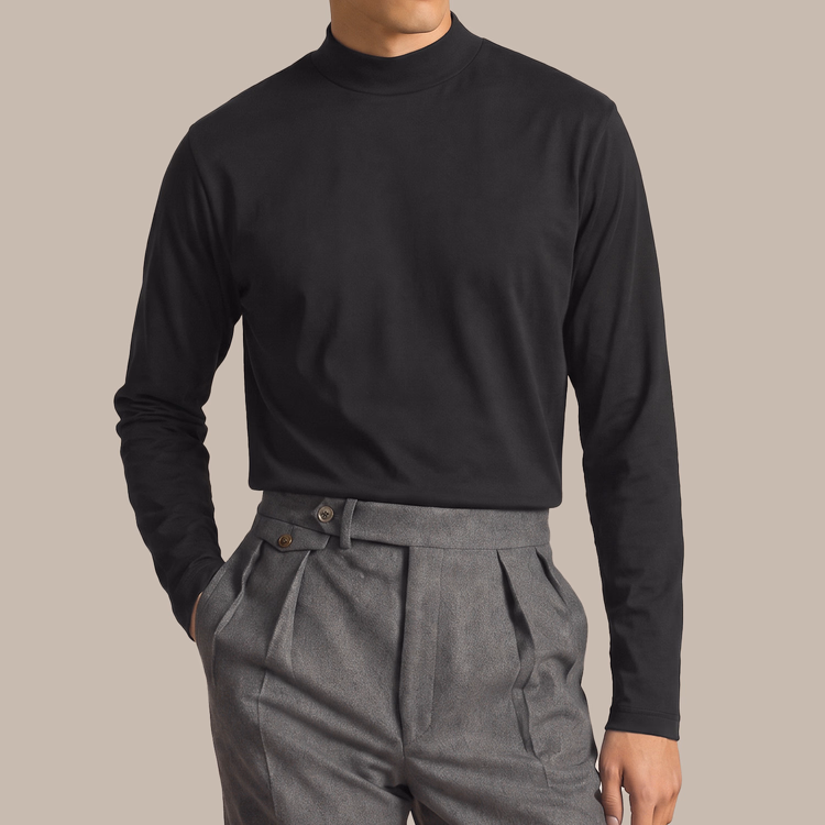 コーマコットン 超長綿 モックネック長袖Tシャツ  ほのかな上品な光沢  静電気を抑えてお手入れも簡単  秋冬の一枚着・重ね着・インナーに活躍