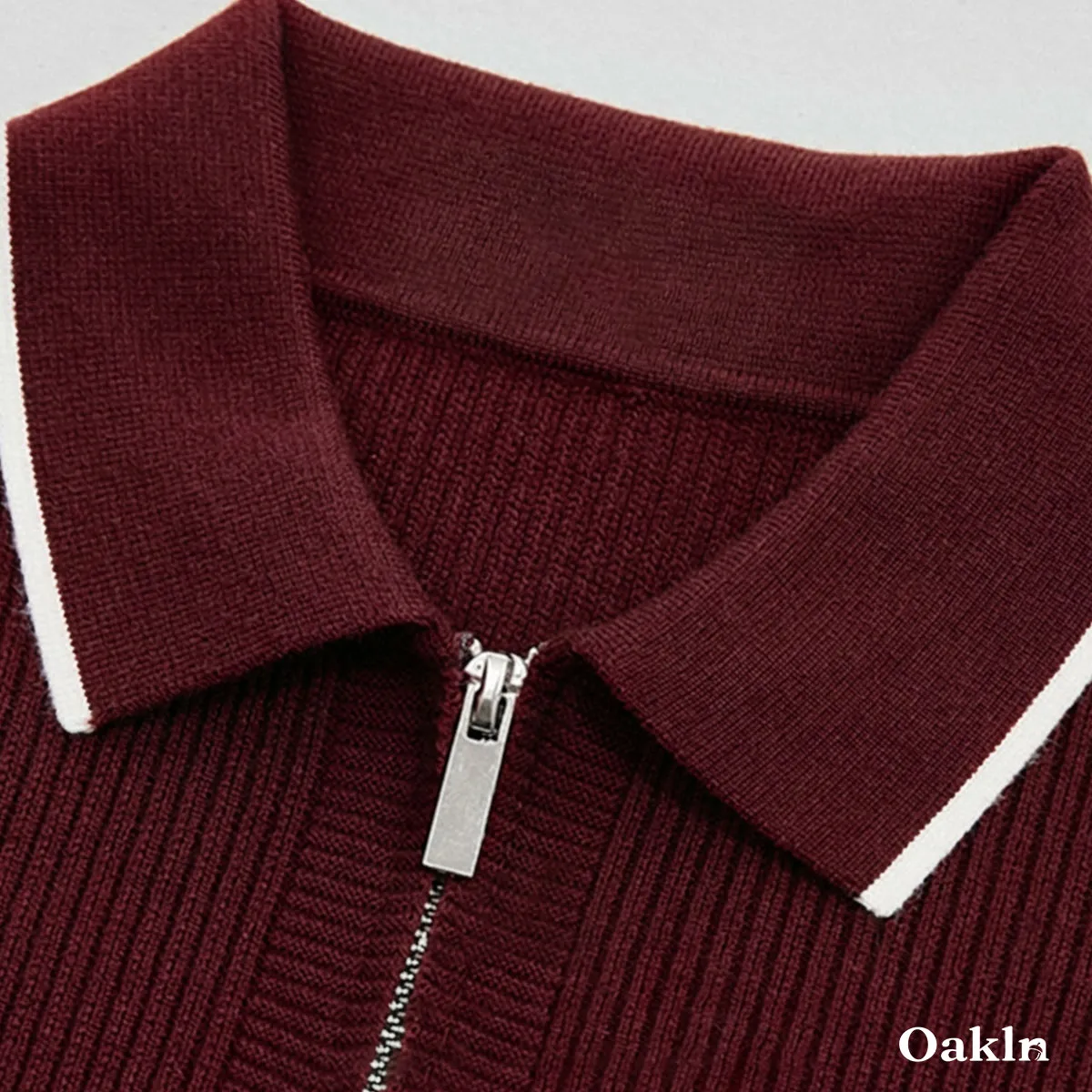  ウォッシャブルハーフジップニット 配色襟元 縦リブ-Oakln