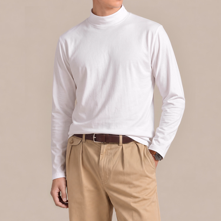 コーマコットン 超長綿 モックネック長袖Tシャツ  ほのかな上品な光沢  静電気を抑えてお手入れも簡単  秋冬の一枚着・重ね着・インナーに活躍